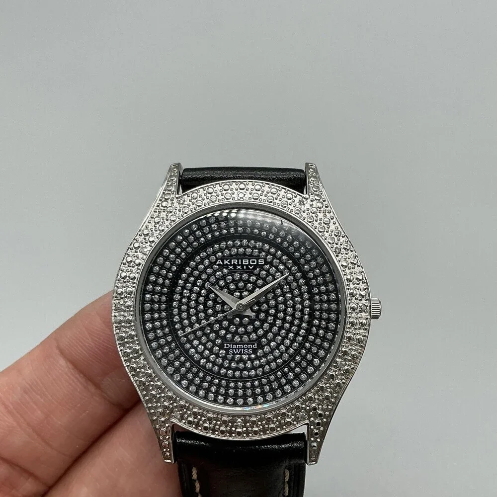 Akribos XXIV AK464BK Womens Watch 36mm Black Dial Leather Diamond New Battery